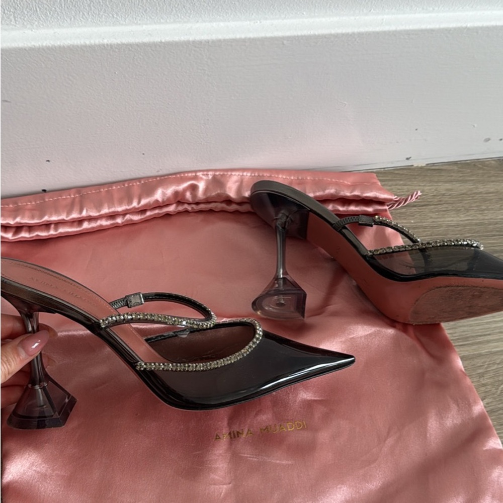 Amina Muaddi Black Heels with Glittering Silver Straps